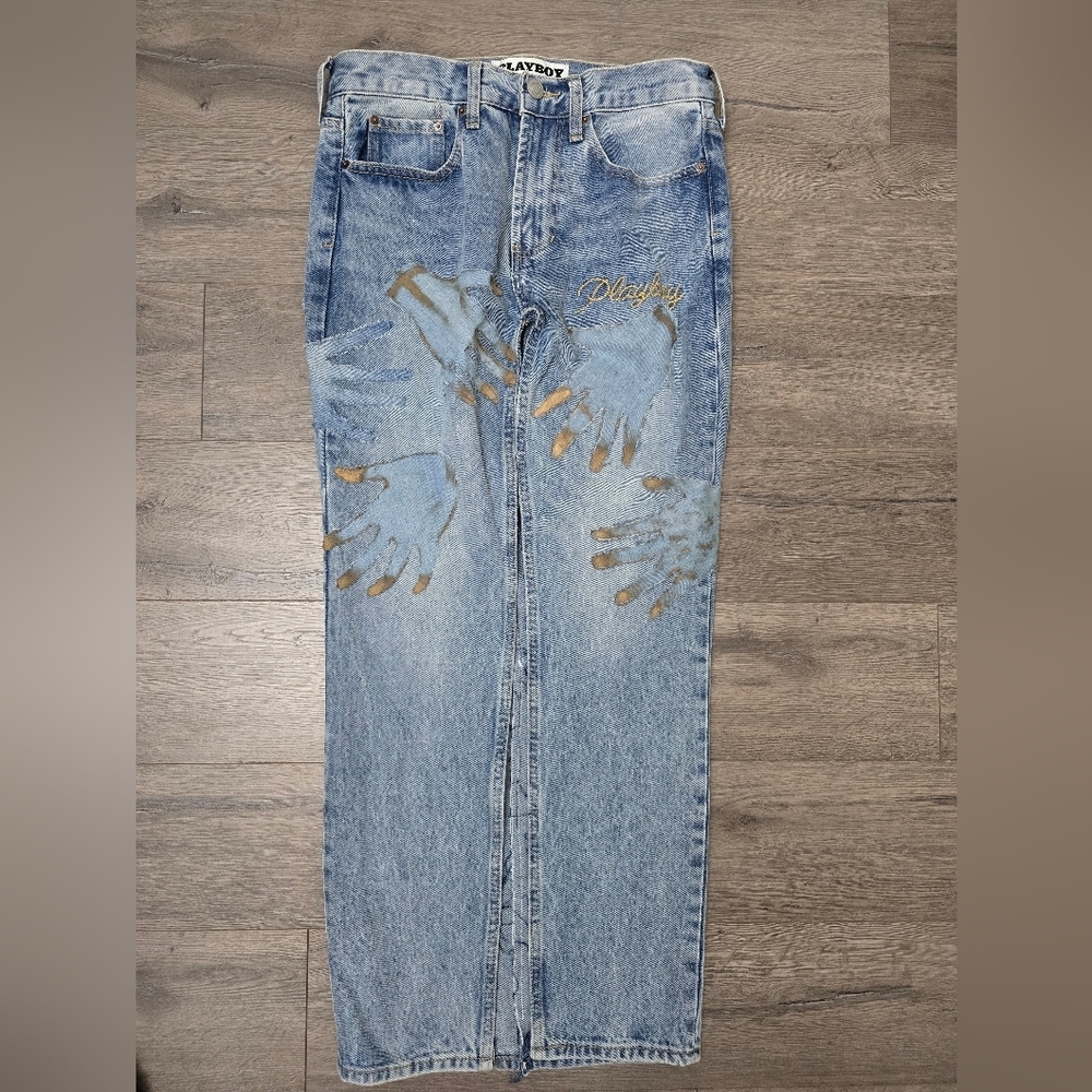 Playboy Pacsun Maxi Denim Skirt Re-made Embroidery Size 30 Waist